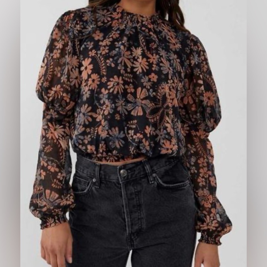 Free People Clarissa Printed Top Midnight Combo Small Long-Sleeve Blouse Floral
